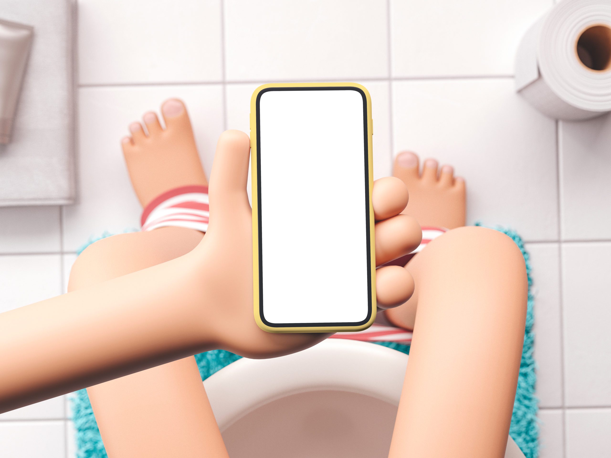 3d,Illustration.,Cartoon,Hand,Holding,Phone,Down,The,Toilet.,Cartoon