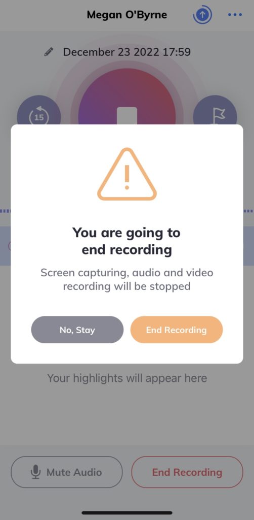 Screenshot of ending a jamworks lecture recorder session on mobile app
