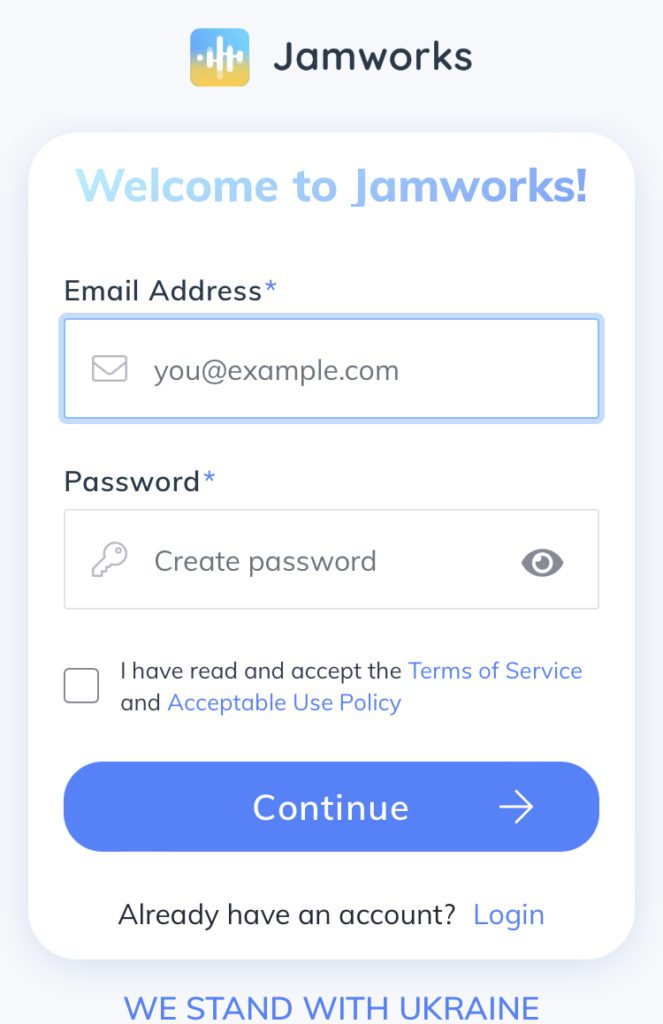 screenshot of the jamworks app sign up page