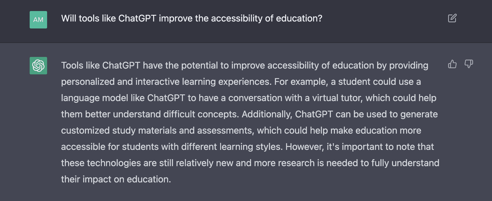 screenshot of chatgpt answering questions about ai in education and accessibility