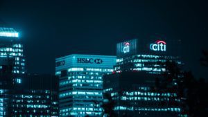 city bank buildings at night 