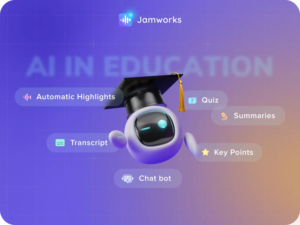 A banner with the JamAI robot and a list of features related to AI in Education that simplify note taking. Features listed are: Automatic Highlights, Quiz, Transcripts, Key Points & Chat Bot.