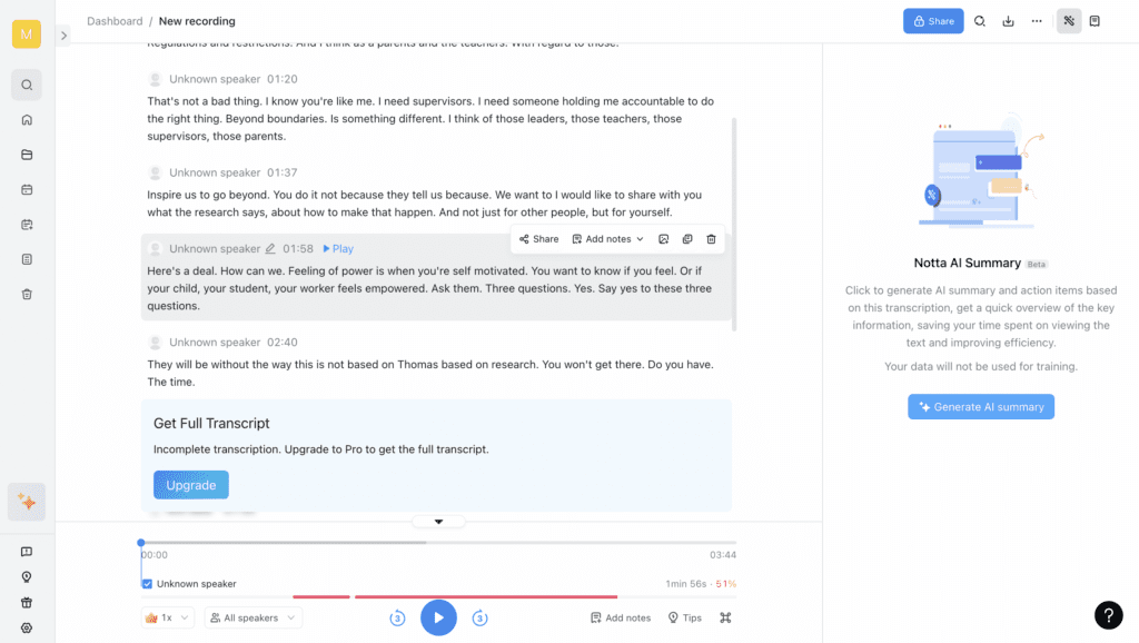 notta.ai transcription screenshot