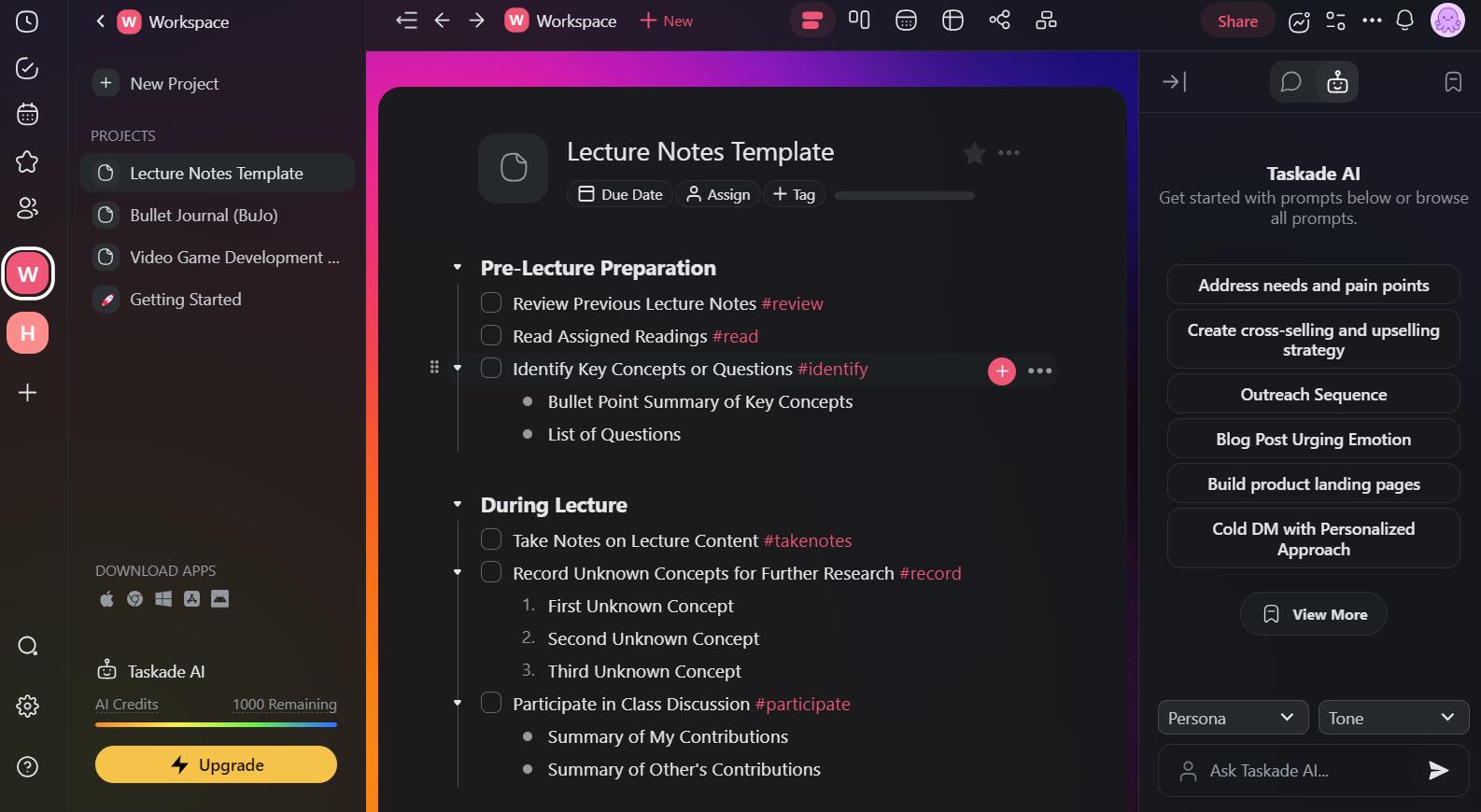 Taskade AI note taking app