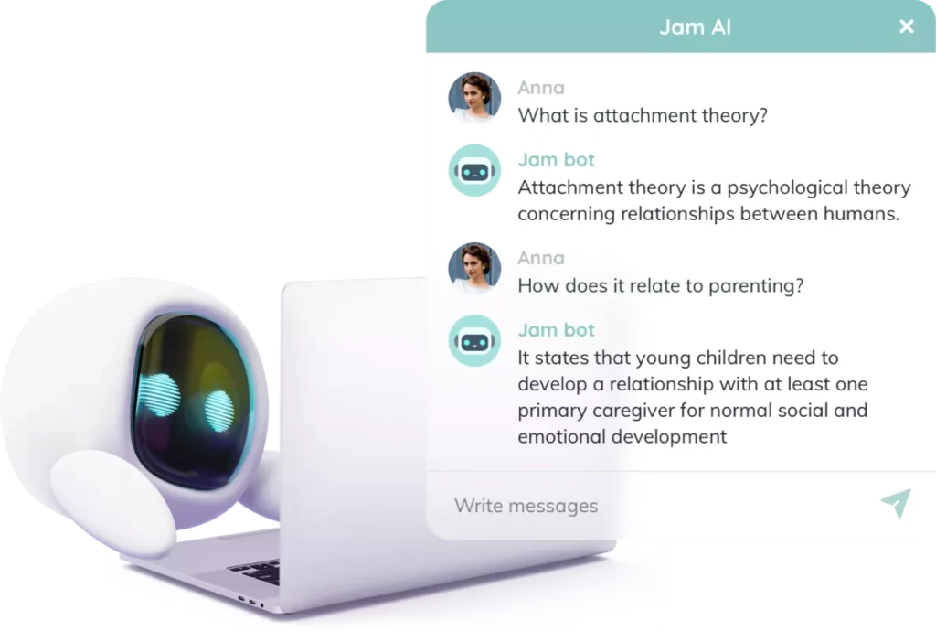 An image depicting the JamAI personal tutor chatbot writing messages on a laptop. A conversation about psychology is shown.