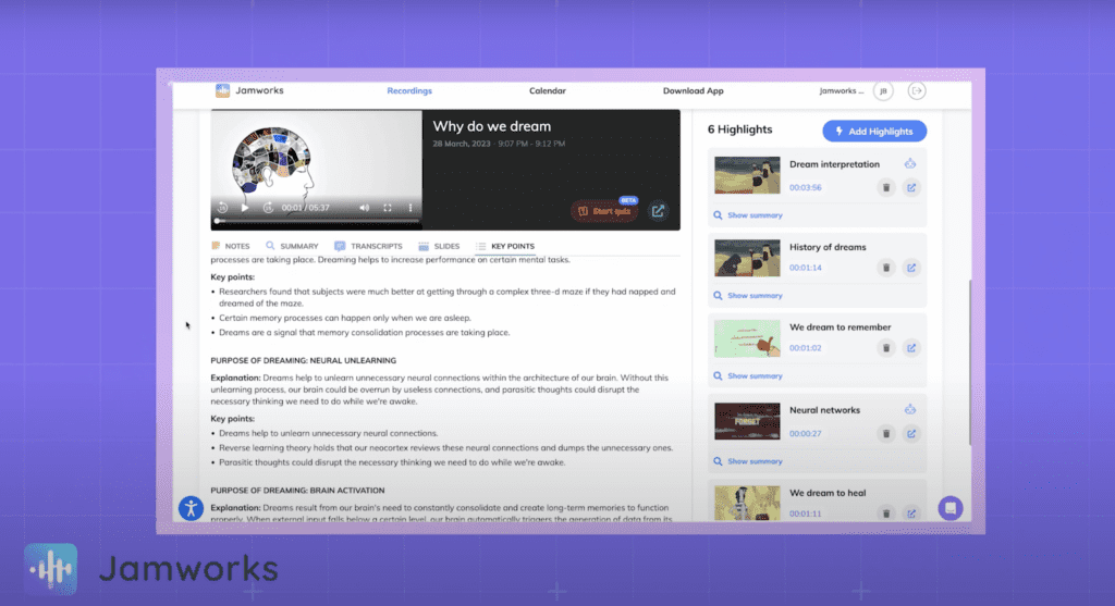 A screenshot of Jamworks app that displays automatic AI generated notes.