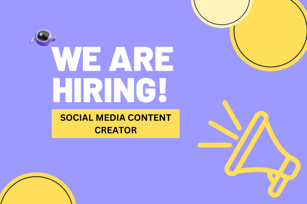 A purple banner which reads: We are hiring! Social Media Content Creator