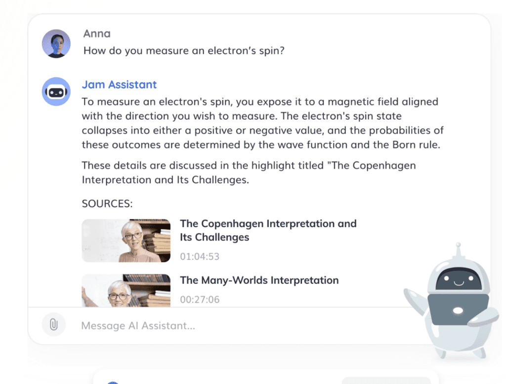 A screenshot of Jamworks' Personal Tutor feature. It shows a student asking questions about their lecture. The personal tutor provides an answer and references the part of the lecture where they can listen to more info on the topic.